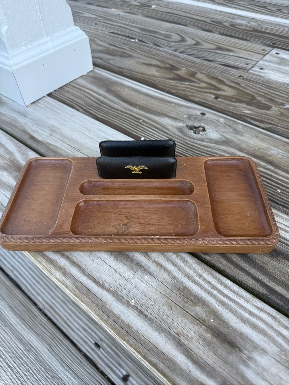 Vintage flat faux woodgrain plastic resin organizer